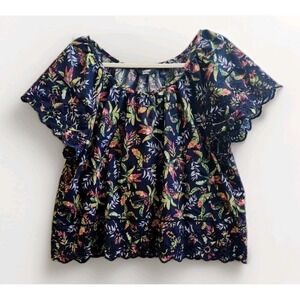 Embroidered Babydoll Blouse Scalloped Hem Short Flutter Sleeves Tropical #658